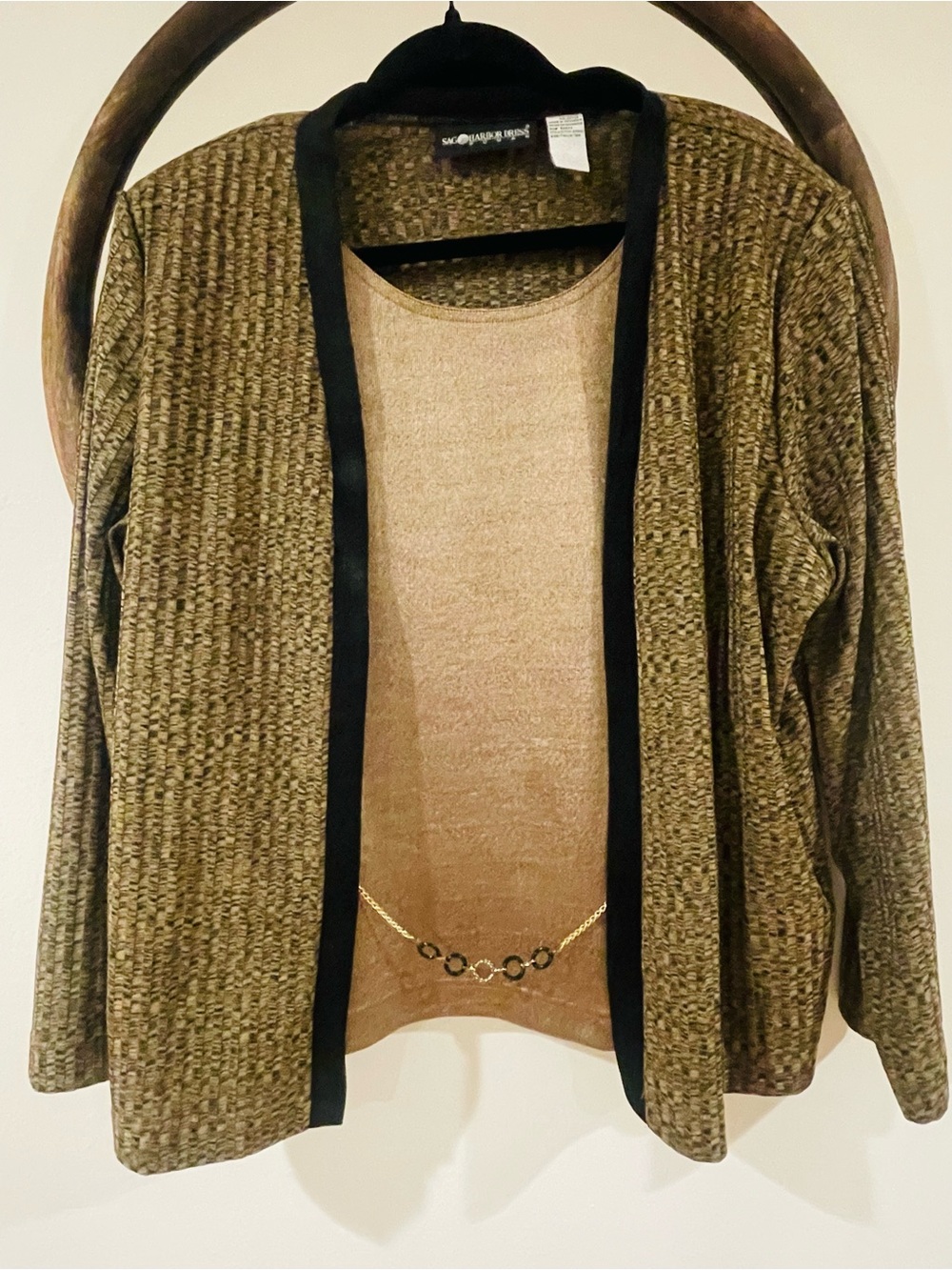 Sag Harbor Olive Green Open-Front Cardigan with Black Trim
